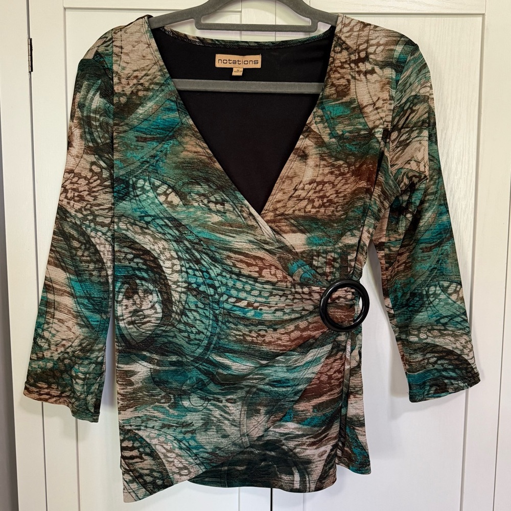 Notations Y2K Abstract Print Wrap Top Medium Buckle Detail  Retro Boho Chic